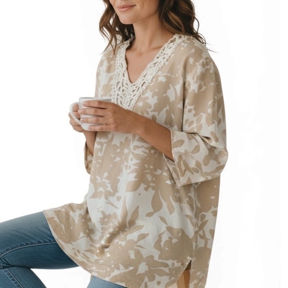Premise Womens XXL Tan White Floral Linen Blend Crochet‎ V-Neck Tunic Boho Top
